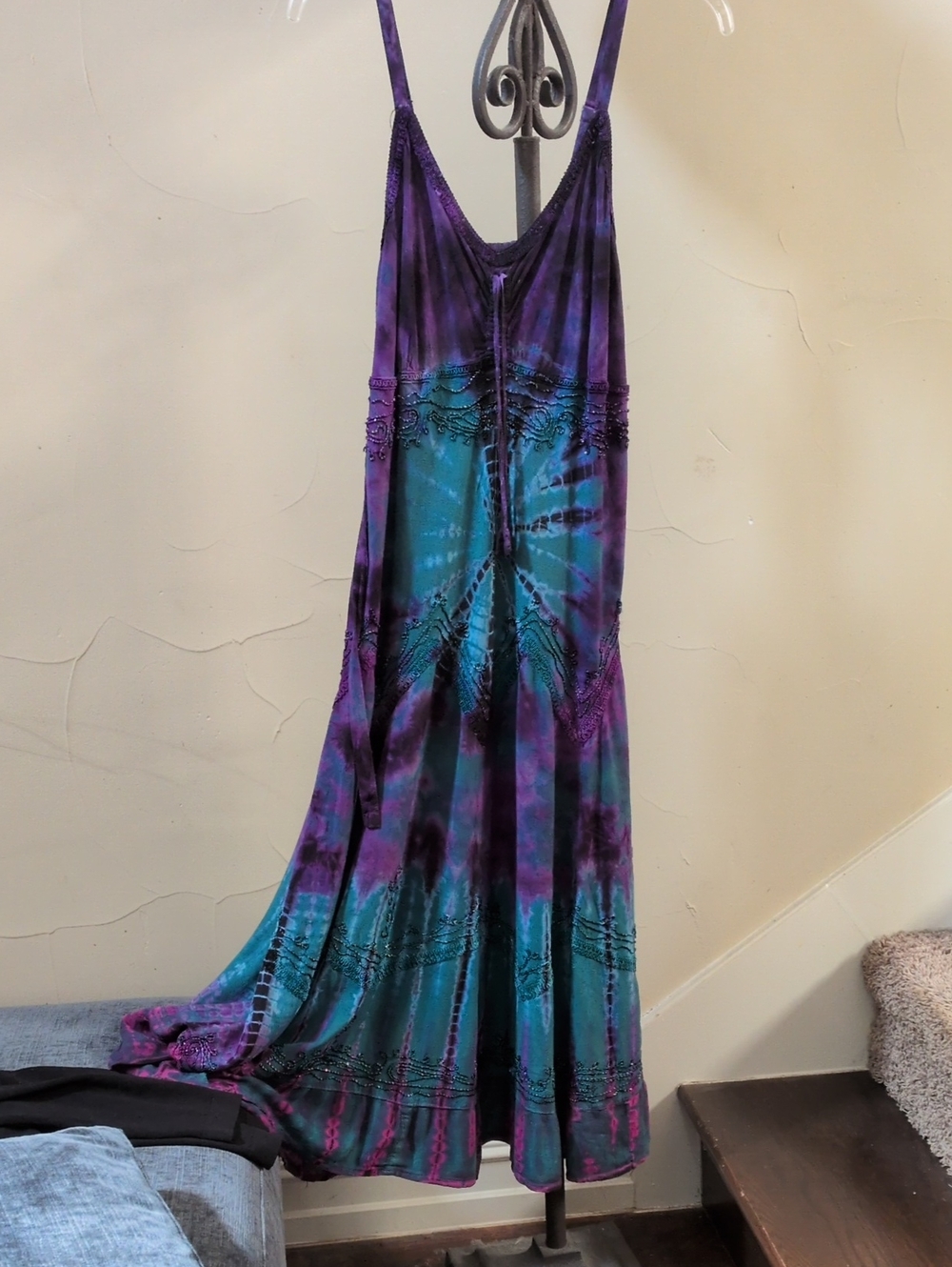 Boho Tie-Dye Spaghetti Strap Maxi Dress in Purple & Teal